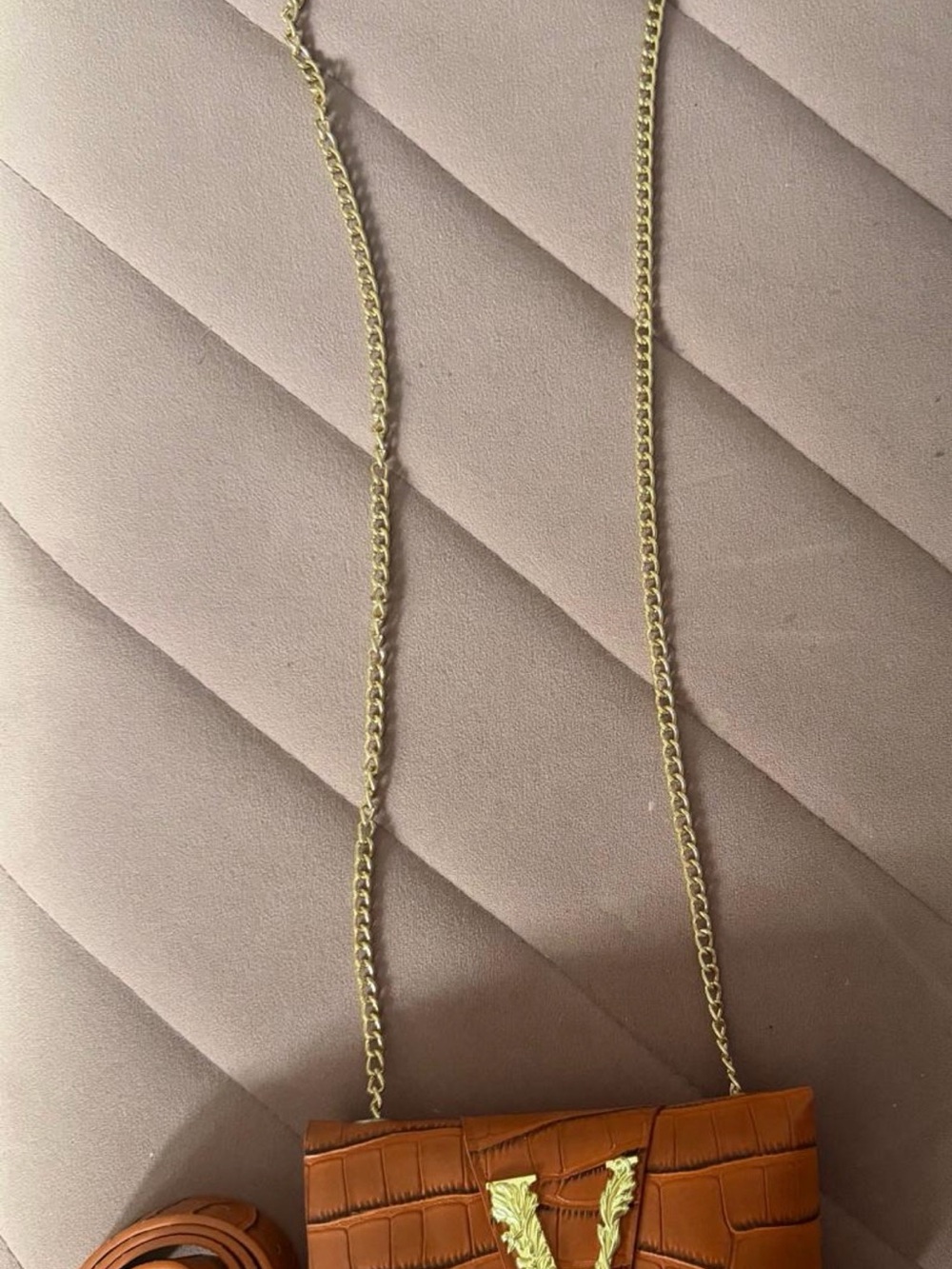 Cognac Croc-Embossed Necklace Bag with Gold Chain and V Accent